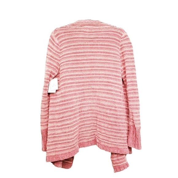 Susina Petite Medium Pink White Stripe Open Knit Shawl Collar Cardigan Sweater - Picture 3 of 5